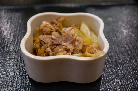 Dish from beef and onions in smamll Tokyo cafe with automatic checkoutÑ Hearty dishの写真素材