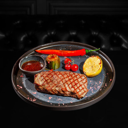 Fried huge striploin beef steak with hot red chili pepper and cabbage, lemon, small tomatoes, sauce in lounge (cafe) of NYC or Washington DC or Chicago or London or Manchesterの写真素材