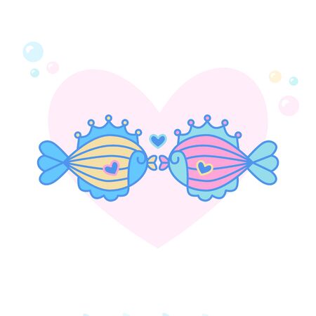 Cute kissing fishes on the heart. Couple in love. Marine theme. Vector illustration isolated on white background. Graphics for t-shirt, poster, wedding invitation or card designのイラスト素材