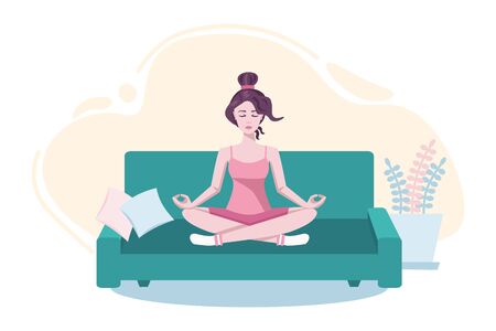 Young beautiful Woman Meditating on sofa. Horizontal flat vector illustration. Girl Sitting in Lotus Position. Lady Practicing Yoga Concentrating Pose. Isolated on white backgroundのイラスト素材