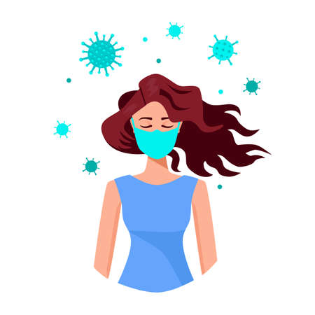 Coronavirus quarantine vector flat illustration. Romantic young beautiful woman with closed eyes meditate in medical mask. Covid isolation period at home. Feminine face of dreaming redhead ladyのイラスト素材