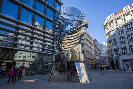 Statue of Franz Kafka, the latest work by artist David ÄernÃ½ is located at yard of the shopping center Quadrio (metro NÃ¡rodnÃ­ tÅÃ­da). Prague, Czech Republicのeditorial素材