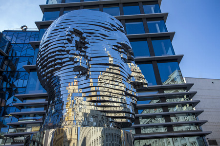 Statue of Franz Kafka, the latest work by artist David ÄernÃ½ is located at yard of the shopping center Quadrio (metro NÃ¡rodnÃ­ tÅÃ­da). Prague, Czech Republicのeditorial素材