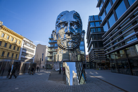 Statue of Franz Kafka, the latest work by artist David Cerny is located at yard of the shopping center Quadrio metro Narodni trida. Prague, Czech Republicのeditorial素材