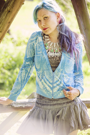Hippie girl enjoying summer natureの写真素材
