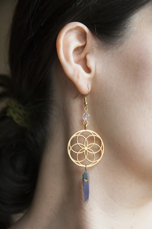 Beautiful lady detail wearing romantic earringの写真素材
