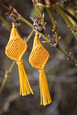 Romantic earrings hanging on natural backgroundの写真素材