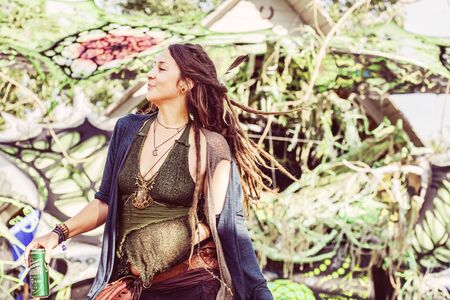 Young Female Participant dancing at popular Music Festival Funny Moon in Czech Republic, Europe, July 15, 2017のeditorial素材