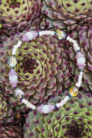 yoga bracelet with natural beads on houseleek backgroundの写真素材