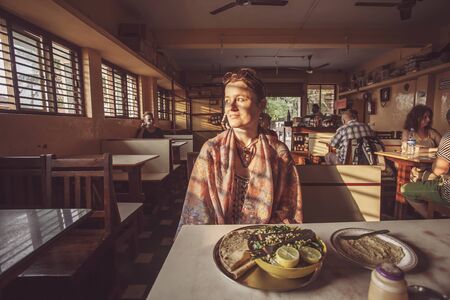 Gokarna, Karnataka, India, January 8, 2018: Restaurant tourist visitor with traditional Indian food servedのeditorial素材