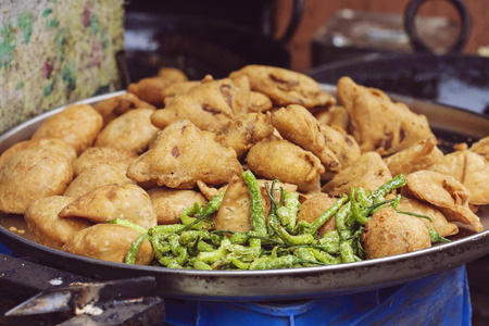 Traditional Indian street food, Fried Kachori and samosaの写真素材