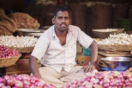Udaipur, Rajasthan, India, January 31, 2018: Vegetable sellet at Public city marketのeditorial素材