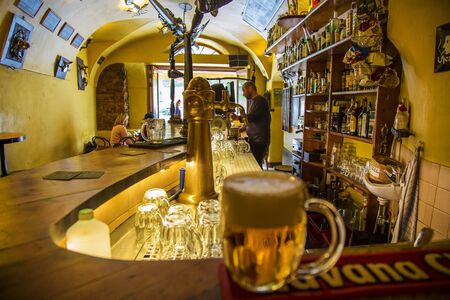 Prague, Czech republic, October 7, 2018: Ujezd Bar, legendary place for alkohol fans in center of Pragueのeditorial素材