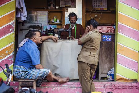 Tiruvannamalai, Tamil Nadu, India, January 31, 2018: Indian taylor working on the streetのeditorial素材