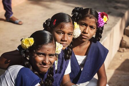 Arunachala, Tiruvannamalai, Tamil Nadu in India, January 30, 2018: Student girls in public schoolのeditorial素材