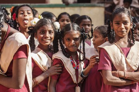 Arunachala, Tiruvannamalai, Tamil Nadu in India, January 30, 2018: Student girls in public schoolのeditorial素材