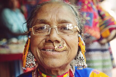 Arambol in Goa, India, February 1st, 2019: Indian woman portrait with traditional jewelryのeditorial素材