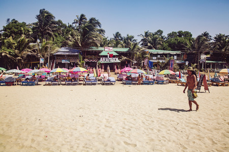 Arambol, Goa in India, February 9, 2019: Rock Lobster restaurant on the Arambol beach with I love Arambol sign on the frontのeditorial素材