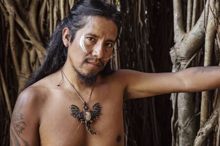 Outdoor Portrait of Native American Indian in natural environmentの写真素材