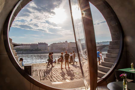 Prague, Czech Republic, June 13, 2020: Prague Naplavka revitalization, cell restaurant caffeeのeditorial素材