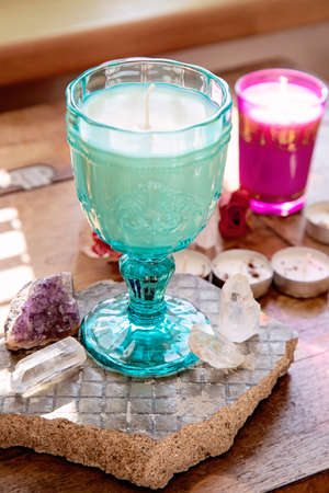 Mint color romantic vintage style glass soy candleの写真素材