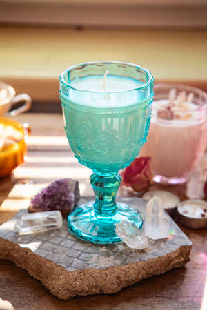 Mint color romantic vintage style glass soy candleの写真素材