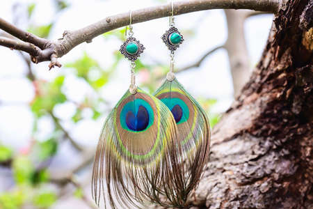 Silver metal decorative oriental spirale design earrings on natural neutral backgroundの写真素材