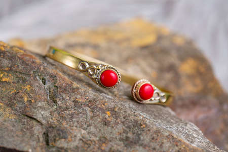 Brass bracelet with mineral gemstone decorative detail for womanの写真素材