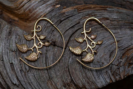 Ornamental brass metal earrings on natural backgroundの写真素材