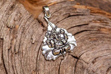 Brass metal pendant on natural background in the shape of dragonの写真素材