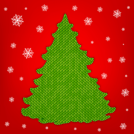 knitting christmas tree on red background with snowflakes vectorのイラスト素材