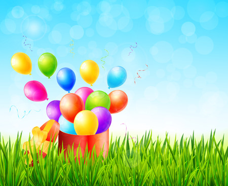 Greeting card with gift box and colorful balloons on green grass vectorのイラスト素材