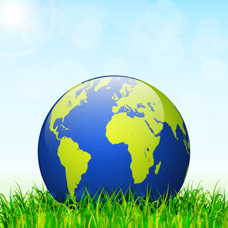 World environment day concept. Earth globe with green grass and blue sky vector backgroundのイラスト素材