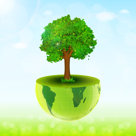 World environment day concept. Earth globe with green grass, tree and blue sky vector backgroundのイラスト素材