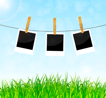 Spring background with photos on ropeのイラスト素材