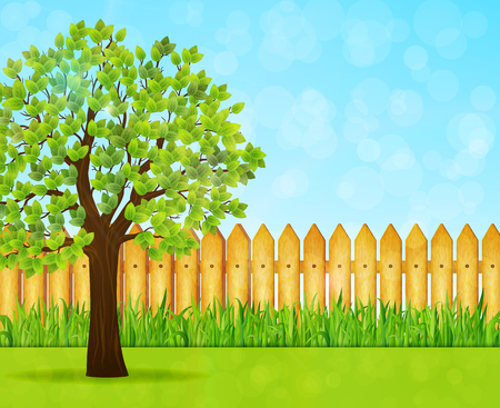 Garden background with green tree and wooden fence vectorのイラスト素材