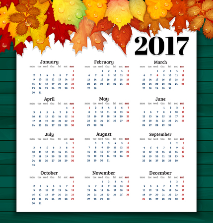 Calendar for 2017 with colorful leaves on wooden backgroundのイラスト素材