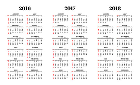 Calendar for 2016, 2017, 2018 years on white backgroundのイラスト素材
