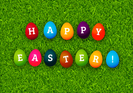 Happy Easter greeting card with colorful eggs on green grass vector background.のイラスト素材