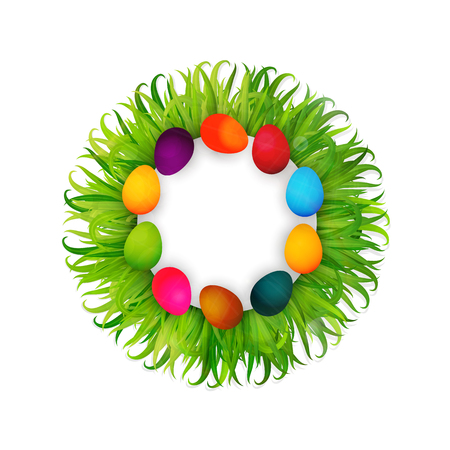 Colorful Easter eggs on green grass vector background.のイラスト素材