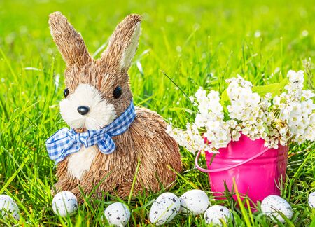Easter background with rabbit, eggs, green grass and flowers