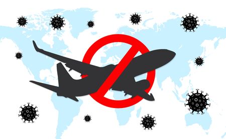 Dangerous novel coronavirus COVID-19. Stop airplane flying. Pandemic medical health risk. Vector illustrationのイラスト素材