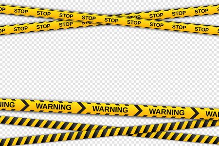 Warning yellow and black tapes on transparent background. Safety fencing ribbons. Vector illustrationのイラスト素材