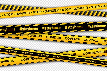 Warning yellow and black tapes on transparent background. Safety fencing ribbons. Global pandemic coronavirus COVID-19. Vector illustrationのイラスト素材