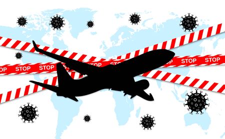 Dangerous novel coronavirus COVID-19. Stop airplane flying. Pandemic medical health risk. Vector illustrationのイラスト素材
