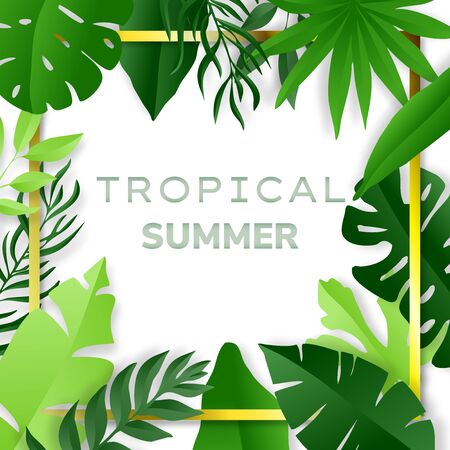 Green tropical leaves frame. Summer background. Paper cut style. Vector illustrationのイラスト素材