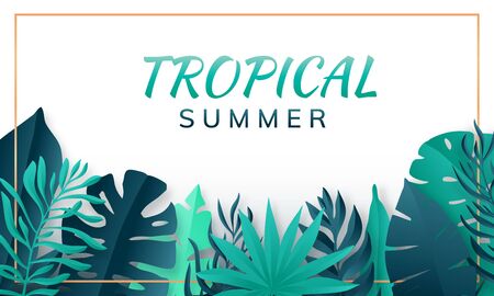 Tropical leaves frame. Summer background. Paper cut style. Vector illustrationのイラスト素材