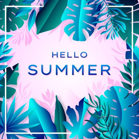 Tropical leaves frame. Summer background. Paper cut style. Vector illustrationのイラスト素材