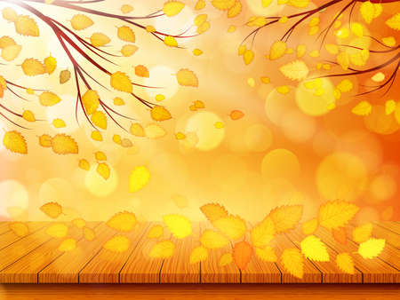 Wooden table with orange leaves. Autumn nature background. Vector illustrationのイラスト素材