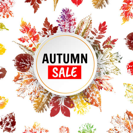 Autumn sale background with colorful leaves imprints. Vector illustrationのイラスト素材